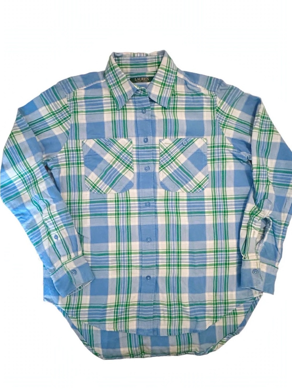 Lauren Ralph Lauren Light Blue, Green & White Plaid Button-Down Shirt